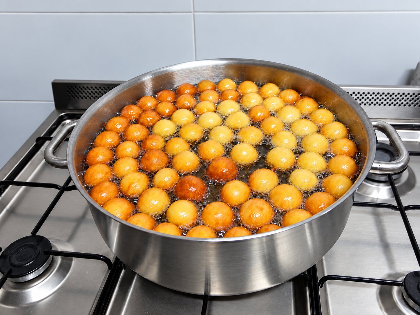 Beignets dorés en train de frire dans une grande casserole