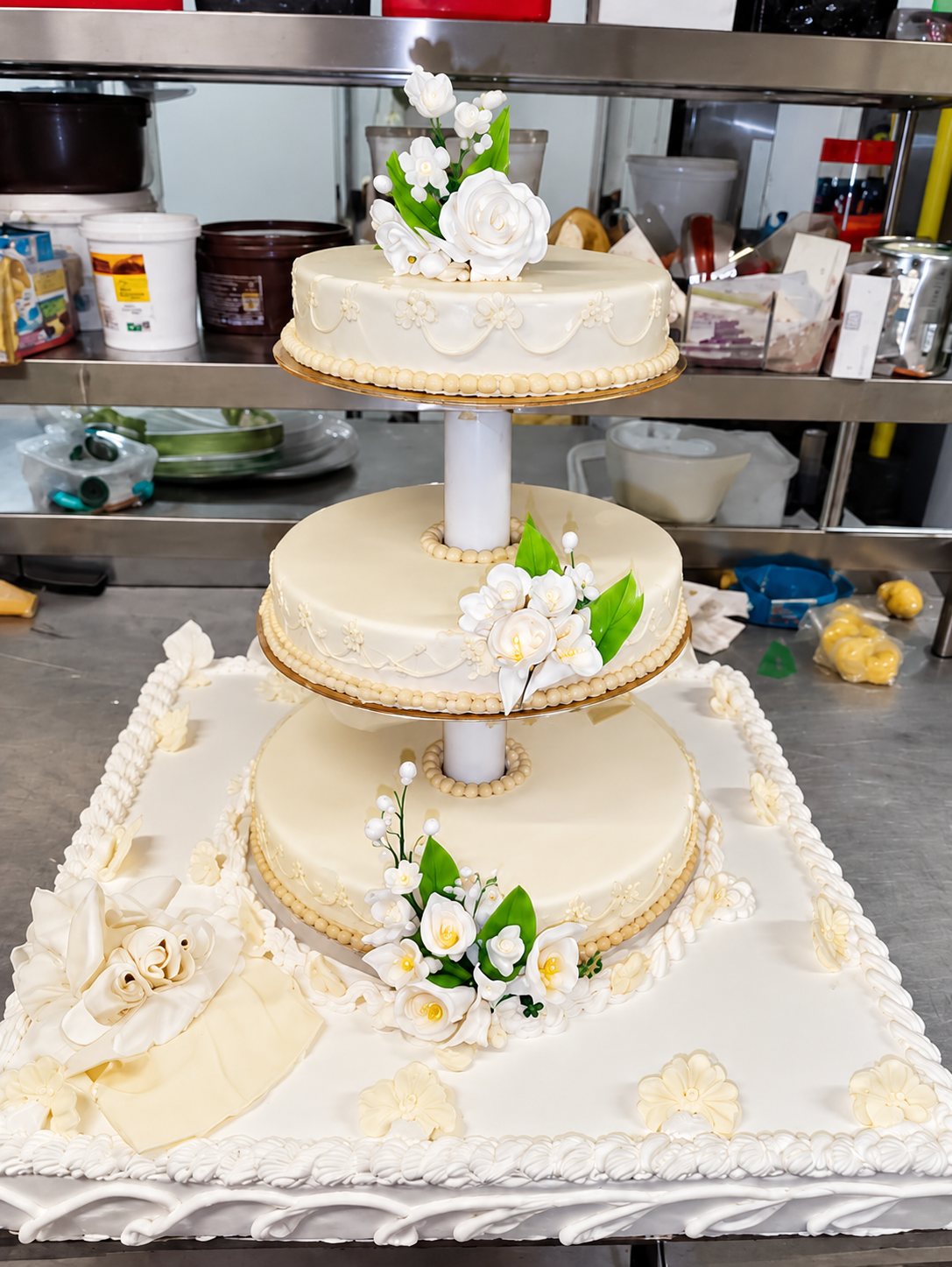 Gâteau de mariage crème à trois étages posé sur un grand plateau carré et décoré de fleurs blanches et de feuilles vertes en pâte à sucre.