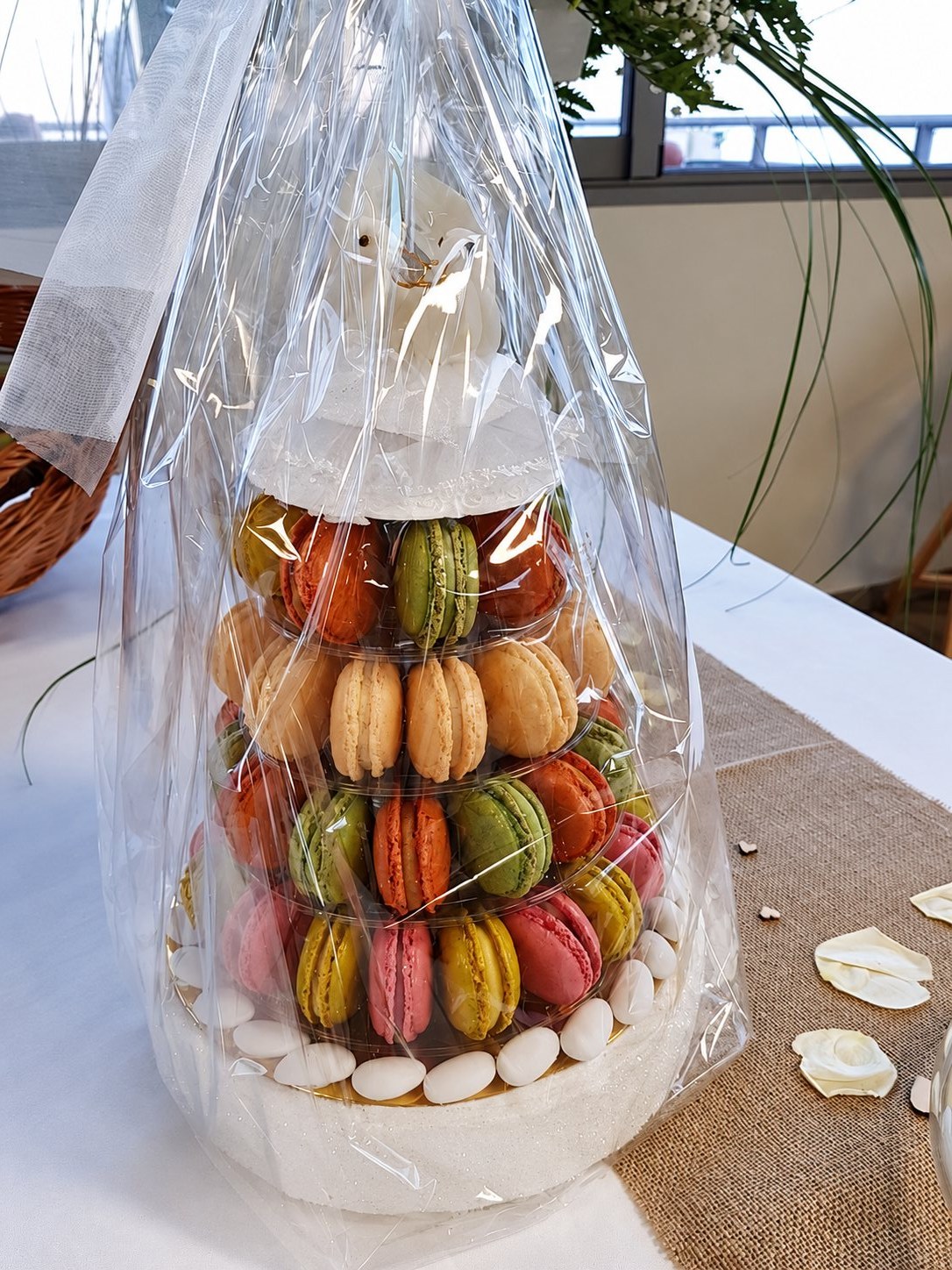 Des macarons de plusieurs couleurs sont disposés en cône dans un emballage transparent, posés sur une table décorée avec du chanvre et des fleurs blanches.