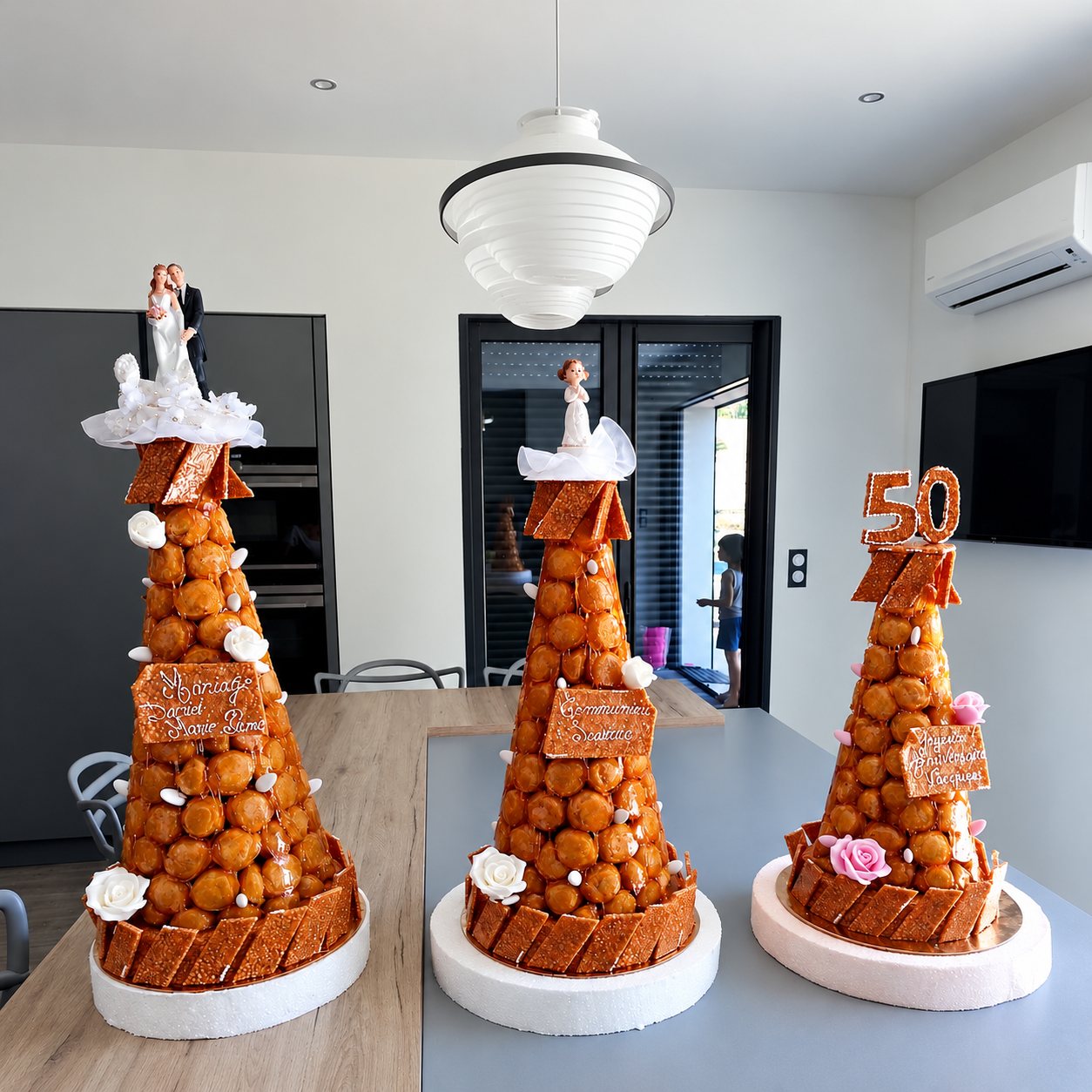 Trois pièces montées en choux caramélisés, décorées de roses en sucre et de figurines, posées sur une table dans une pièce lumineuse : mariage, communion et anniversaire.