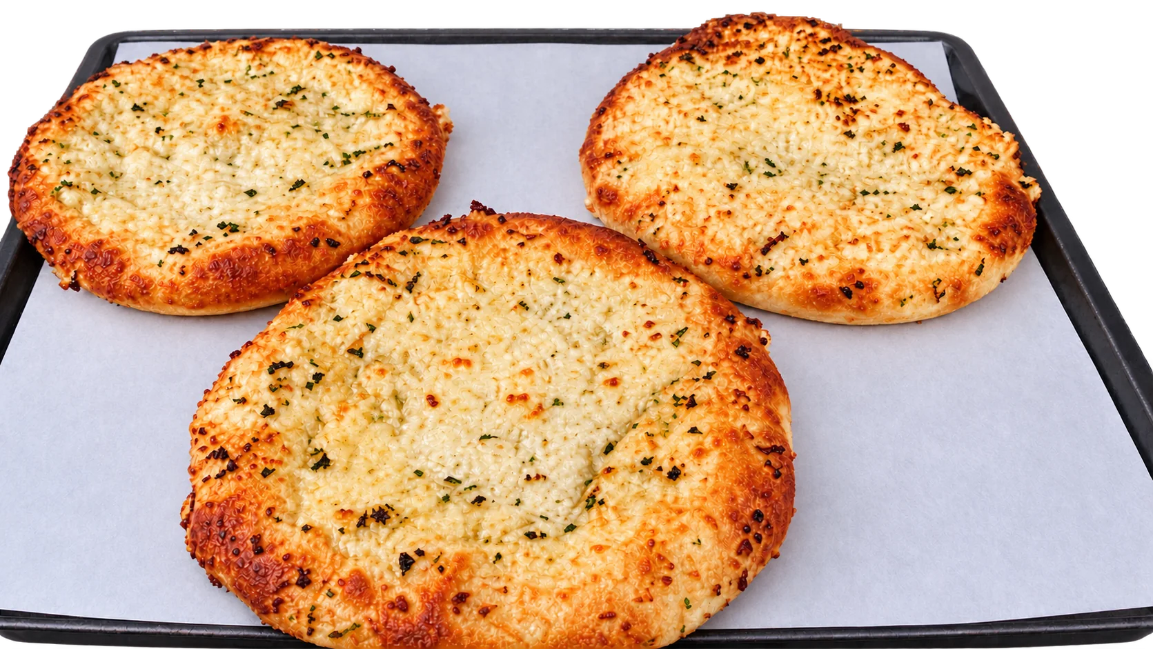 Trois pizzas rondes à la croûte dorée, garnies de fromage gratiné.